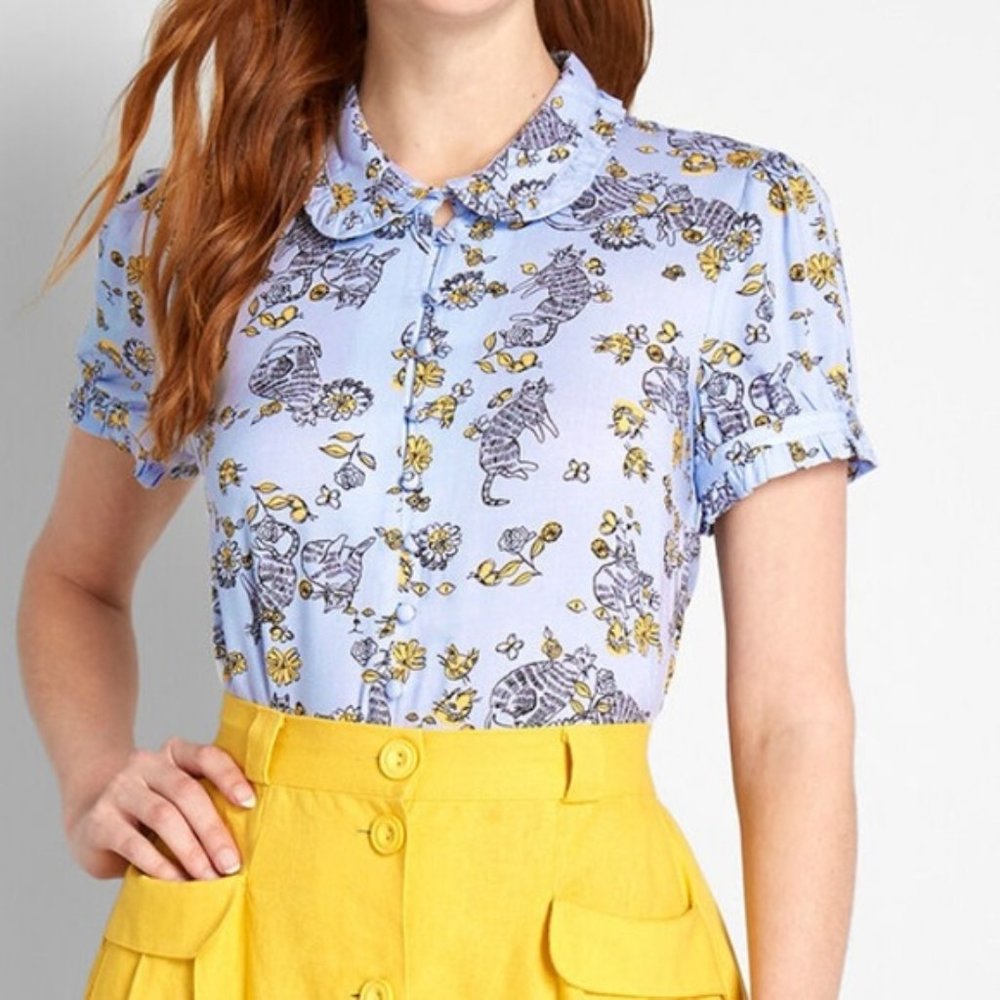 Modcloth Light Blue Cat & Floral Print Peter Pan Collar Blouse